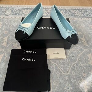 CHANEL Light Blue and Black Flats